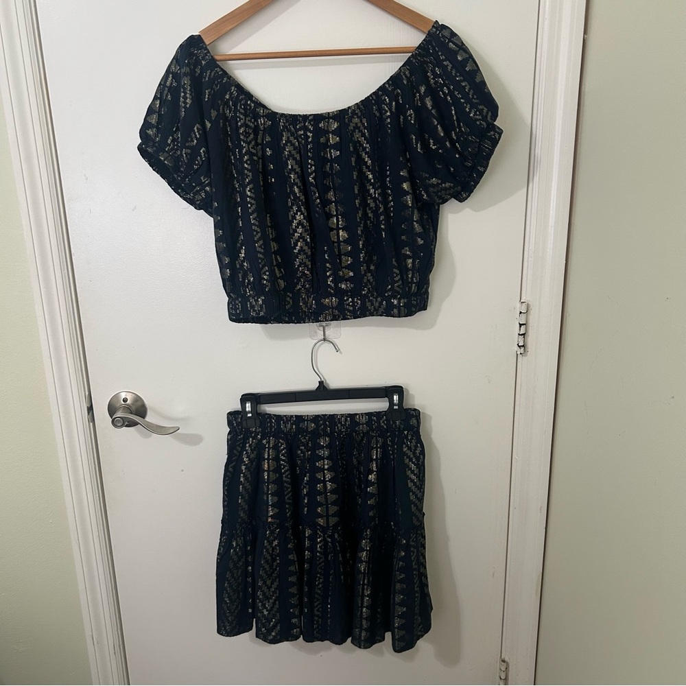 Elan | Women’s Navy blue and gold Patterned Crop Top and Skirt Set | Size Medium